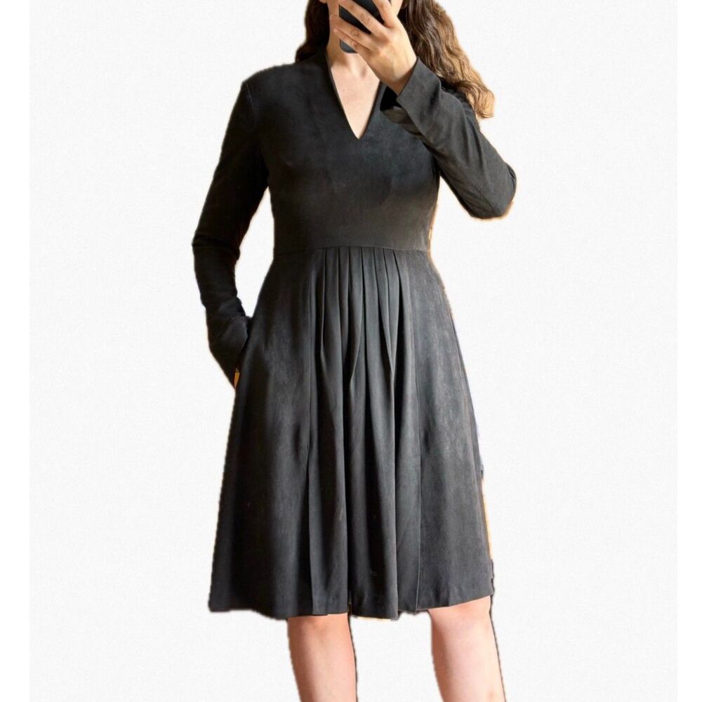 Catherine Malandrino Black Faux Suede Pleated Midi Dress V Neck Pockets Witchy 2